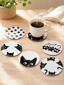 1/6/12pcs Minimalist Black Cat Silhouette Wooden Coasters, Cute Cartoon Black Cat Paw Print Round Wooden Coasters, Suitable For Cat Lovers Home Kitchen Bar Coffee Table Modern Minimalist Decor - Black - View 9