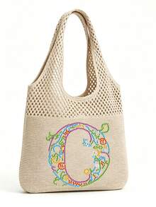 LFIRSTL Women's Crochet Tote Bag | 26 Personalized Initial Options, Bohemian Floral Mesh Beach Bag, Large Capacity Knitted Shoulder Handbag, Suitable For Summer Vacation, Travel And Daily Commute - Khaki - View 17
