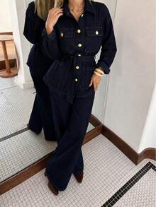 女士深色水洗撞色缝线修身优雅牛仔衬衫及喇叭牛仔裤套装 - 深色水洗藍 - 查看 2