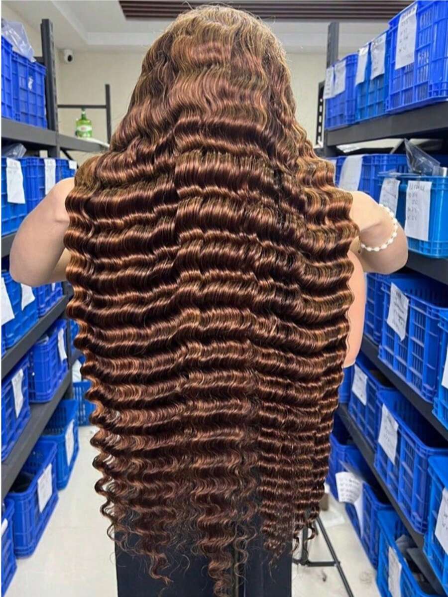 Uveous 34 Inch Chocolate Brown Deep Wave Lace Front Wigs Human Hair 200 Density 13x4 HD Lace Frontal Wig Curly Human Hair Pre Plucked Wig For Women Brown Glueless With Natural Hairline - S4 - 查看 1