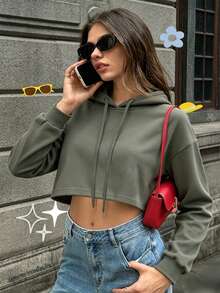 New Design - Women's Spring/Summer Sports Sweatshirt, Short Style, Printed, Multiple Colors Available. Women's Short Style Thick Drawstring Hooded Sweatshirt In Gray, Suitable For Outdoor Sports, Running, Gym Activities - Grey - View 1