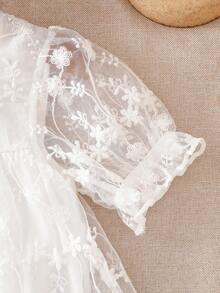 女嬰刺繡短袖網紗連身裙，夏季 - 白色 - 查看 4