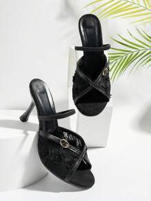 NANBEI ZUO Fashionable Lace Mesh Upper Elastic Band Design Black Stiletto High Heel Sandals, Summer New Korean Style Front Buckle Decor Daily Versatile Commute High Heel Sandals, Suitable For Dating - Black - View 5