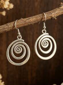 1 Pair Bohemian Style Spiral Vortex Round Hoop Earrings, Distressed Alloy - Antique Silver - View 1
