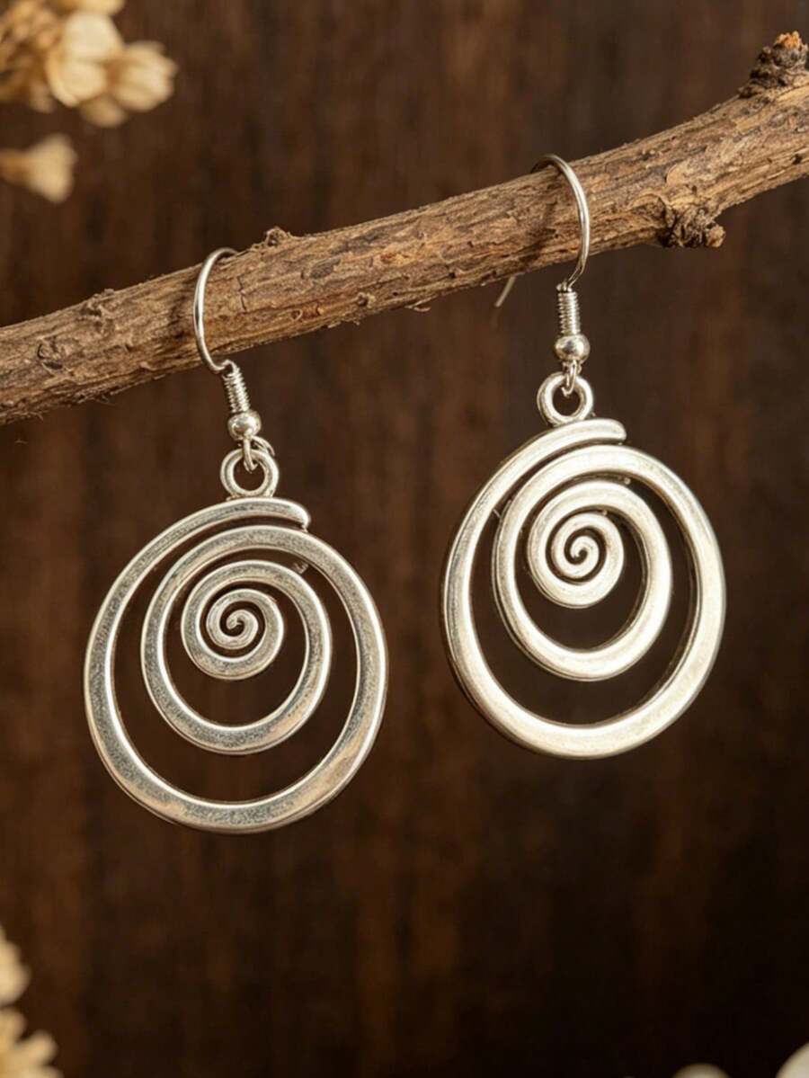 1 Pair Bohemian Style Spiral Vortex Round Hoop Earrings, Distressed Alloy - Antique Silver - View 1