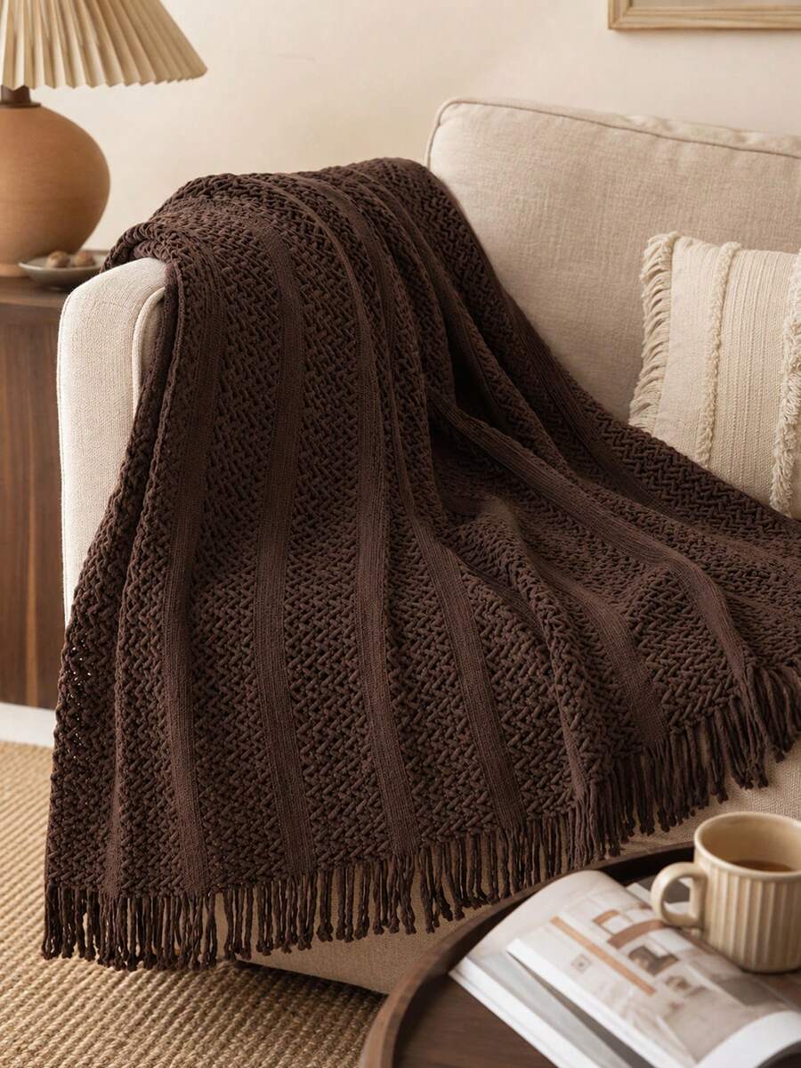 1pc Solid Color Knitted Blanket, Nordic Style Tassel Design Soft Blanket, Office Nap Blanket, Bed Cover, Sofa Throw, Suitable For Daily Use - Twisted Towel Coffee - View 1