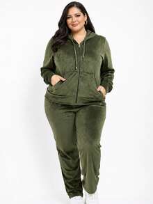 Pietra Plus Size Fleece Set, Autumn/Winter Collection, Women's Fashion, Super Versatile - Army Green - View 4