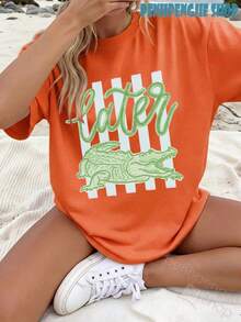 Women's Later Gator Funny Pun Cute Crocodile Casual Oversized Graphic Tee, Last Day Of School, 4th Of July, Vacation, Summer Tops, Teacher Outfits - 珊瑚橙 - 查看 1