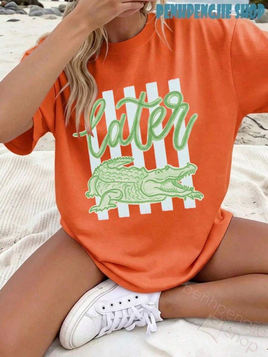 Women's Later Gator Funny Pun Cute Crocodile Casual Oversized Graphic Tee, Last Day Of School, 4th Of July, Vacation, Summer Tops, Teacher Outfits - 珊瑚橙 - 查看 1