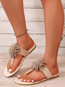 Women's Rhinestone Slingback Flip Flop Summer Thong Flat Sandals - Beige - View 4