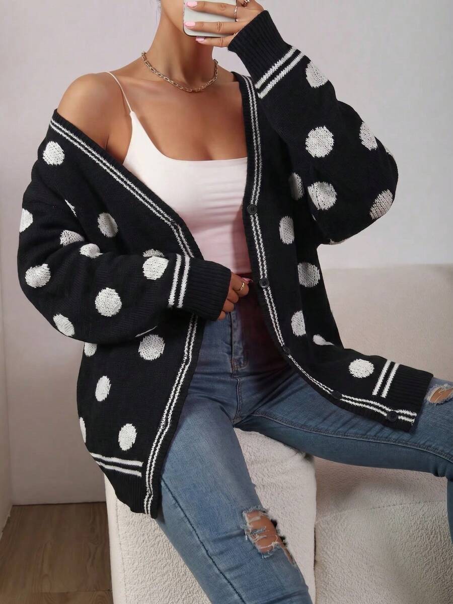 Women's Black And White Polka Dot Button Knit Cardigan, Long Sleeve Open Front Mid-Length, Suitable For Autumn/Winter Wear - Black and White - View 1