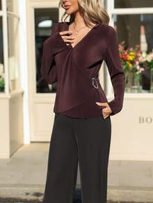 French Style Cross-Wrap V-Neck Pleated Long Sleeve Blouse With Side Ring Buckle Waist Cinch, Slim Fit Commuter Versatile Coffee Brown Top - Coffee Brown - View 1