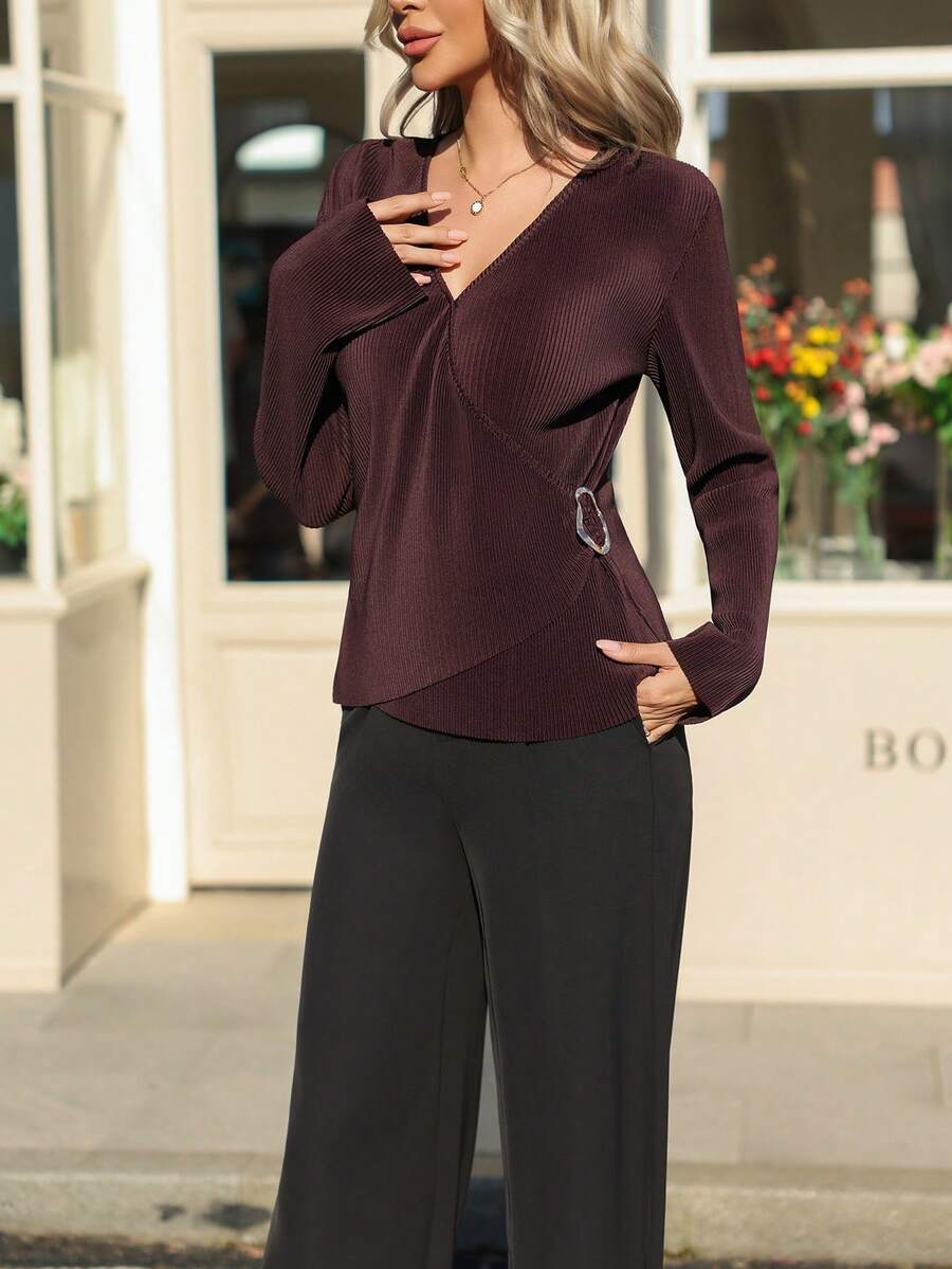 French Style Cross-Wrap V-Neck Pleated Long Sleeve Blouse With Side Ring Buckle Waist Cinch, Slim Fit Commuter Versatile Coffee Brown Top - Coffee Brown - View 1
