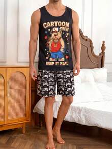 Hip-Hop Cartoon Bear Print Men's Loungewear Tank Top Set, Game Controller All-Over Print Shorts 2 Pieces Set, Summer - Black - View 3