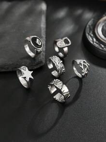 Set 6 buah cincin bergaya street punk modis dengan motif bintang dan geometris untuk pria, cocok untuk pemakaian kasual sehari-hari. - Antique Silver - View 3