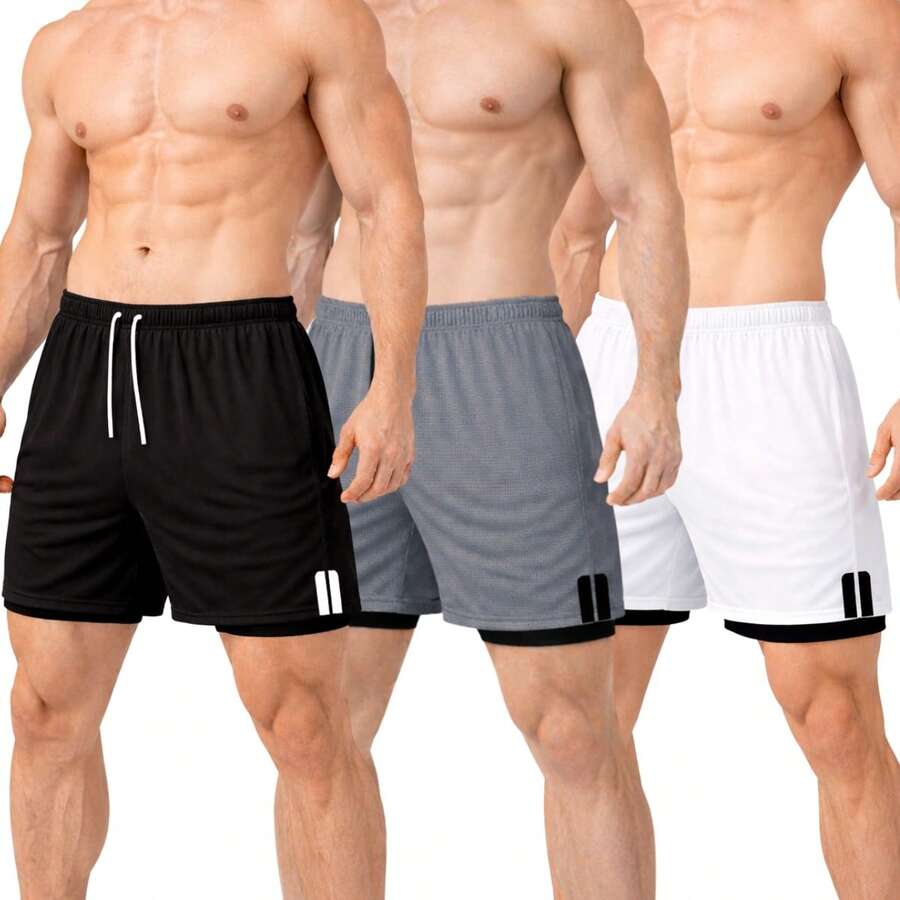 Kit Of 3 Men's Dry Fit 2-In-1 Shorts For Gym And Running With Cell Phone Pocket - BLACK/GRAY/WHITE - View 1