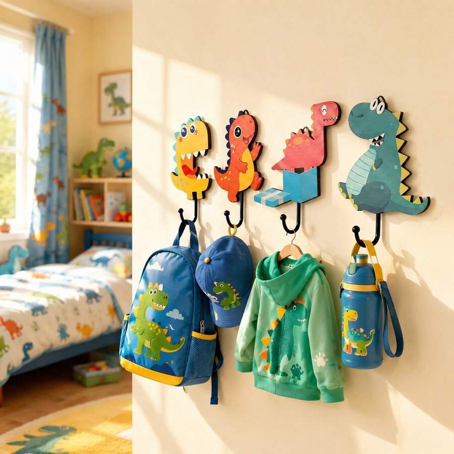 Dinosaur Wall Hook 4入組可愛卡通恐龍造型木製掛鉤裝飾，適合兒童房、男孩臥室，可掛衣物、毛巾、包包等，嬰兒房裝飾，嬰兒洗禮禮物