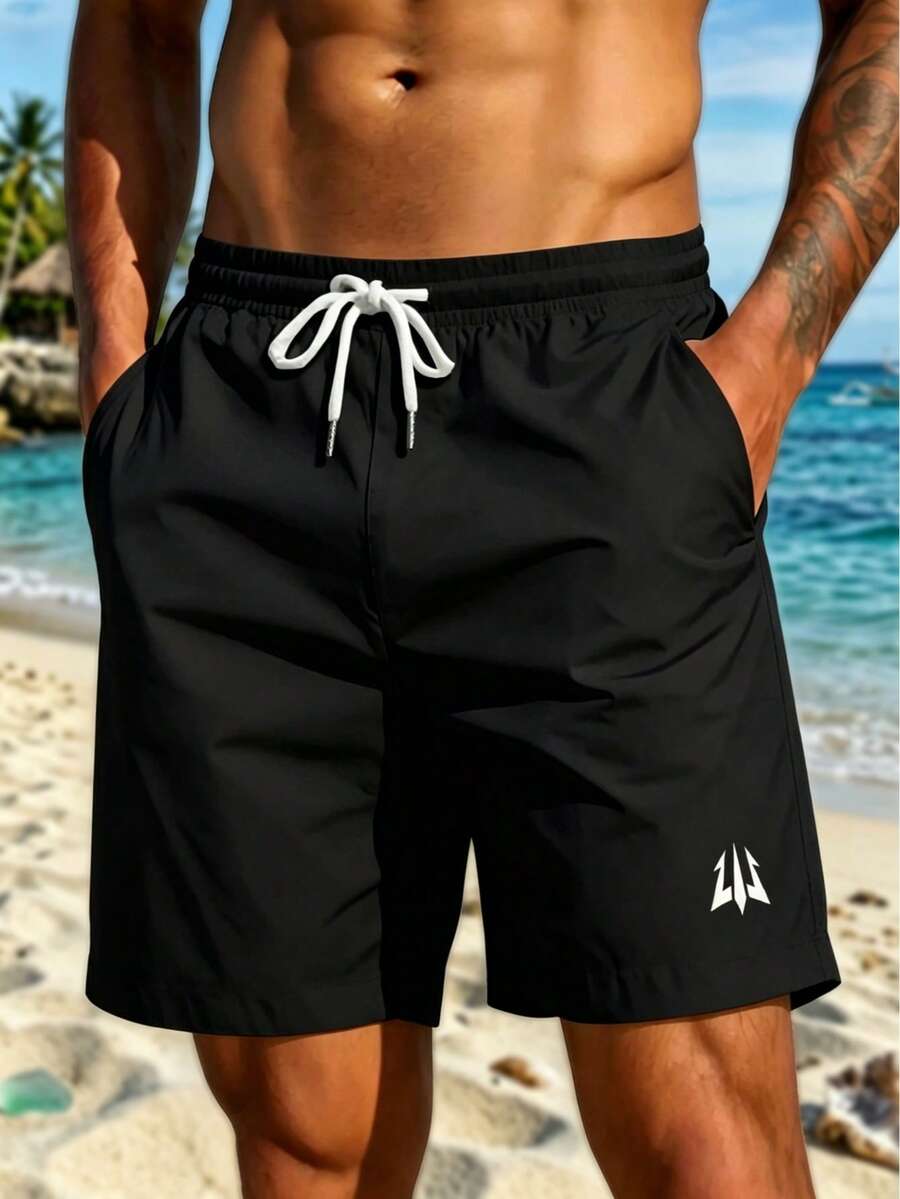 Men's Plus Size Black Trident Small Logo Digital Print Single Layer No Lining Drawstring Elastic Waist Casual Vacation Beach Shorts - Black - View 1
