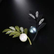 1pc/2pcs Rhinestone Leaf Brooch, Matte Green & Black Tone With Faux Pearl Accent, Nature-Inspired Pin For Women's Coats, Dresses & Scarves - A - View 1