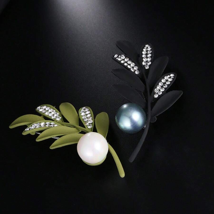 1pc/2pcs Rhinestone Leaf Brooch, Matte Green & Black Tone With Faux Pearl Accent, Nature-Inspired Pin For Women's Coats, Dresses & Scarves - A - View 1