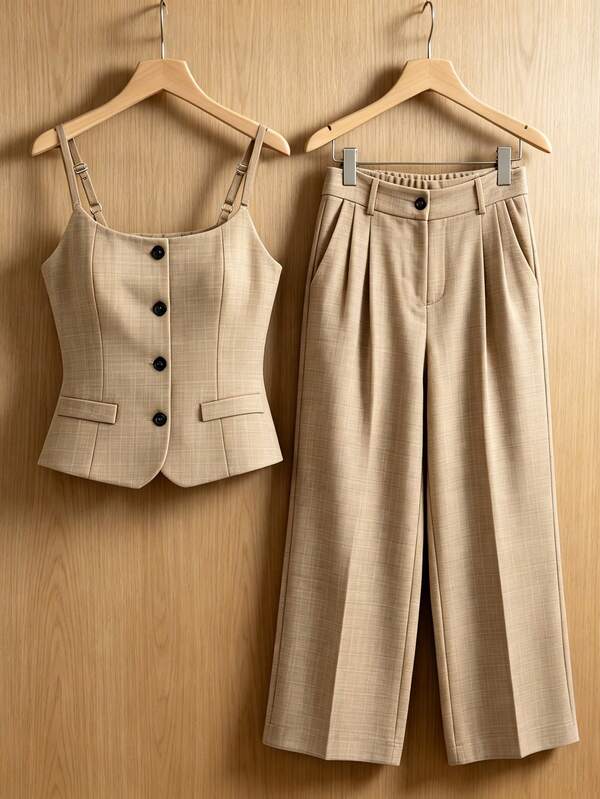 HOMEYEE Conjunto de top de tirantes y pantalones para mujer, elegante, casual, de negocios, profesional, para vacaciones y uso diario, 2 piezas