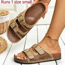 Indoor Outdoor Casual Fashion Sandals, Adjustable Buckle Slip-On Flat Slides, Color Block Patchwork, Teen Couples Shoes, Women's Shoes, New Outdoor Sports Beach Shoes, Soft Sole Soft Upper, Unisex Couples Style, Party Office Lightweight Elegant Minimalist Comfortable Casual Gathering Party Daily Travel Wedding Camping Pride Festival Summer Autumn Essential Gift Sexy Outdoor Vintage Design - Brown Khaki - View 2