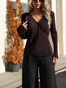 French Style Cross-Wrap V-Neck Pleated Long Sleeve Blouse With Side Ring Buckle Waist Cinch, Slim Fit Commuter Versatile Coffee Brown Top - Coffee Brown - View 3