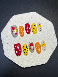 10pcs Y2K Dopamine Press-On Nails, Colorful Polka Dot And 3D Star Design Fake Nails, Reusable Oval Nails For Daily Manicure (1 Jelly Sticker + 1 Nail File) Handmade Press On Nails - Multicolor - View 3