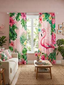 2pcs Flamingo Print Curtains,Tropical Floral Leaf Rod Pocket Curtains,Pink Girly Bedroom Curtains,Boho Home Decor,Living Room Balcony Window Treatments,Vacation Style Room Setting,Curtain Panels - Multicolor - View 4