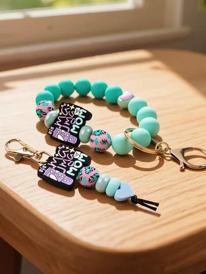 Macaron Silicone Bead Wrist Keychain, MAMA MOM Charm, Heart Geometric Beads, Lobster Clasp Bracelet, Mother's Day Gift For Mom, Car Bag Key Accessory