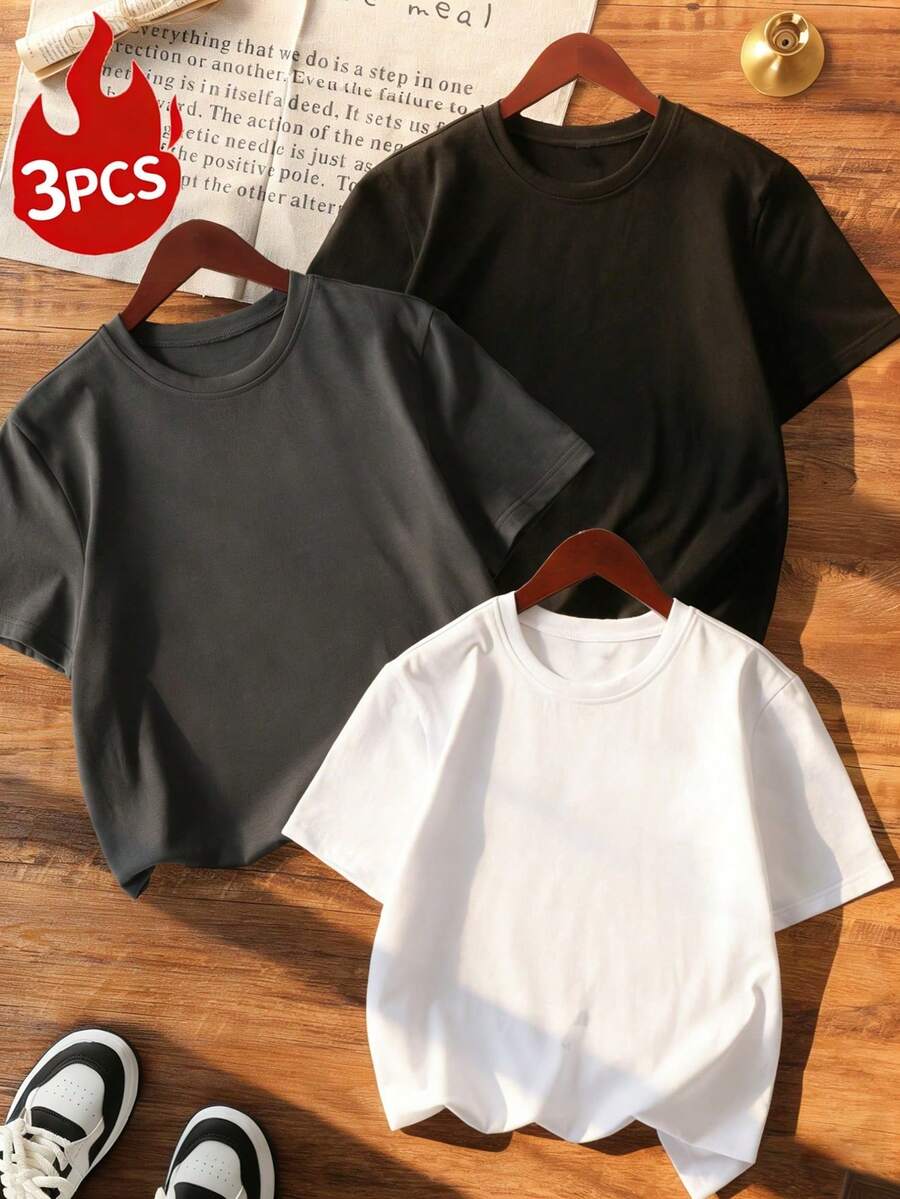 Set Of 3 Women's Short-Sleeved, Crew-Neck T-Shirts In Solid Colors, Suitable For Everyday Wear. Includes A White T-Shirt, A Black T-Shirt, And A Pink T-Shirt. - 多色 2 - 查看 1
