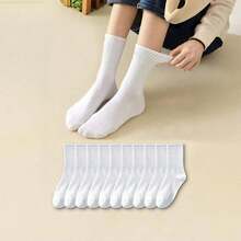 12 Pairs Women's Daily Casual Versatile Solid Color Vertical Ribbed Breathable Mid-Calf Socks - White - View 7