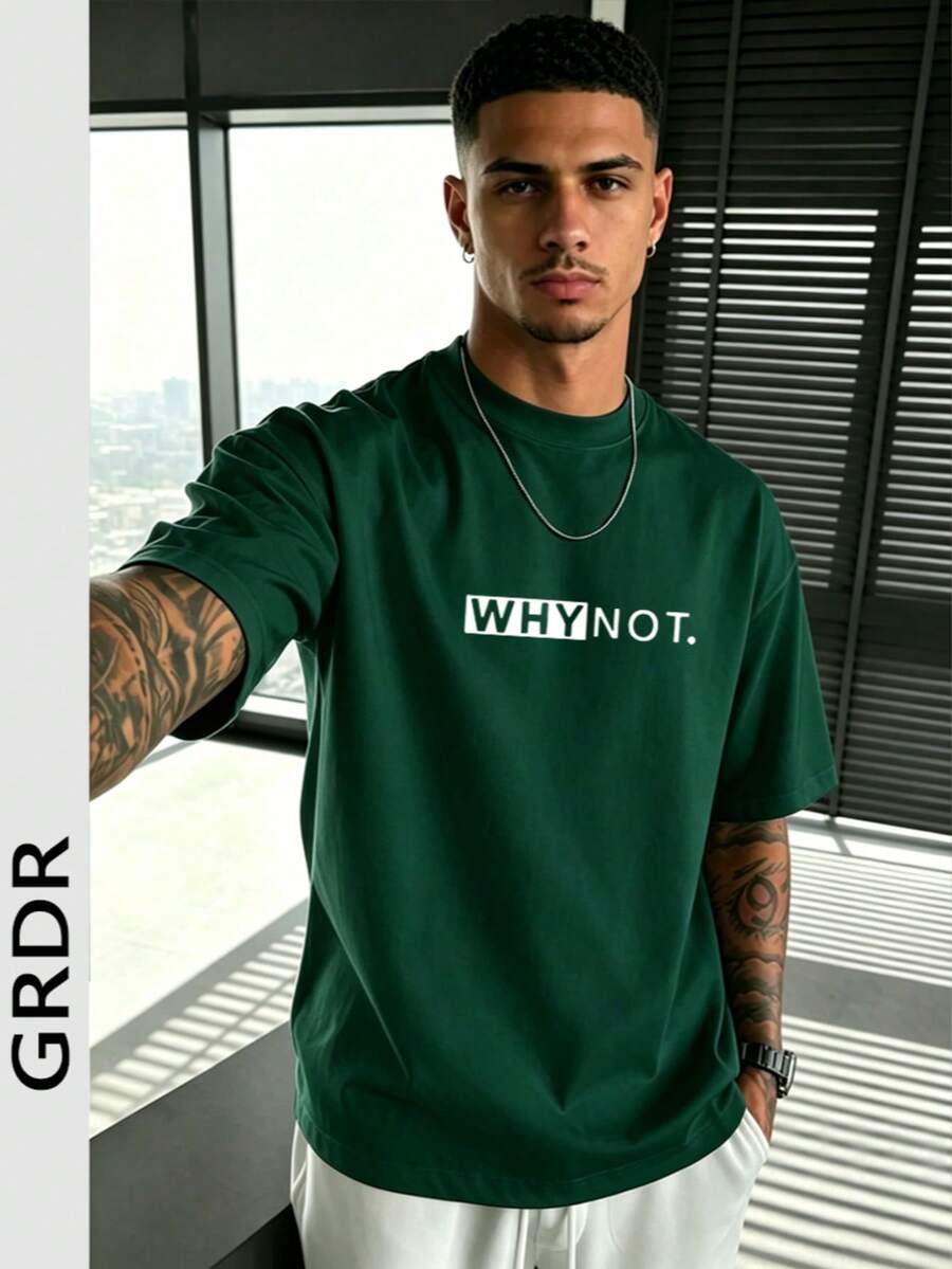 GRDR Men's Summer Letter Slogan Graphic Print Round Neck Short Sleeve T-Shirt, Comfortable & Fashionable - Dark Green - View 1