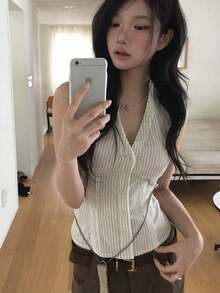 韓式蕾絲拼接條紋細肩帶單排扣背心上衣 夏季 - 杏色 - 查看 2