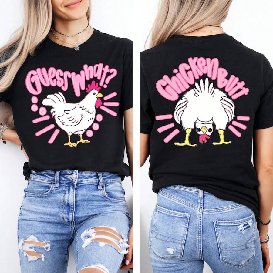 Camiseta vintage divertida "What Chicken Butt", camiseta de pollo por delante y por detrás, camiseta para amantes de la granja, regalo para amantes de los animales, atuendos de verano sarcásticos y divertidos. - Negro - Ver 1
