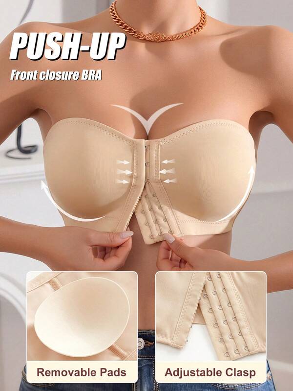 Front Closure Strapless Push-Up Bra, Seamless Wire-Free Support Bandeau, Invisible Comfortable Thick Padded Bra, Suitable For Off-Shoulder Outfits