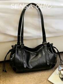 Este es un bolso de hombro versátil y de moda, un bolso de hombro/bolso de mano vintage de material de PU de gran capacidad y de un solo color, multifuncional para el transporte, con cierre - Negro 3 - Ver 2