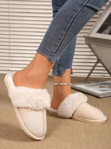 Women's Flat Indoor Home Slippers, Comfortable Home Shoes With Fur Lining,Fluffy Slippers - Beige - View 4