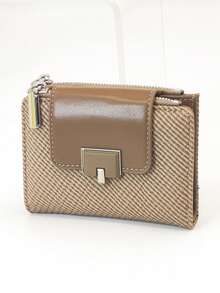 Dompet Pendek Wanita, Tekstur Kain Anyaman Jerami, Bahan PU Lembut dan Indah, Kancing Jepret Ganda, Resleting Ganda, Kapasitas Besar, Dompet Multifungsi, Tempat Kartu, Tas Genggam Minimalis Ringan, Cocok untuk Hadiah Liburan - Coklat - View 3