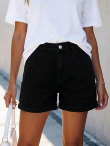 Minimalist Casual Street Style Wide Leg Loose Fit Women's Denim Shorts Hot Pants - Black - View 6