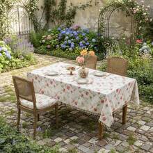1pc Watercolor Rose & Wildflower Print Tassel Rectangular Tablecloth, Fresh Farmhouse Style Washable Dining Tablecloth, Suitable For Kitchen, Picnic, Dinner Party, Wedding, Indoor/Outdoor Use - Blue and White - View 11