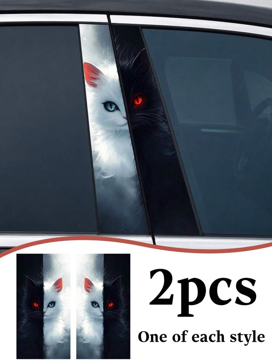 2pcs Black & White Cat Car Door Pillar Decals - Animal Vinyl Stickers - Black and White Cat Central Pillar - View 1