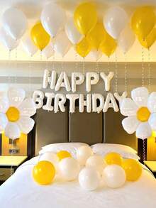 44pcs 16 Inch White HAPPY BIRTHDAY Letter Balloons Set, Daisy Foil Balloons, White & Yellow Latex Balloons, Suitable For Birthday Party, Baby Shower Decoration - Multicolor - View 2