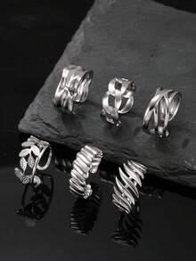 Men's 6pcs Stainless Steel Ring Set, Minimalist Niche Design Leaf Twist Textured Open Ring, Versatile Everyday Wear, Gift For Boyfriend - Silver - View 1