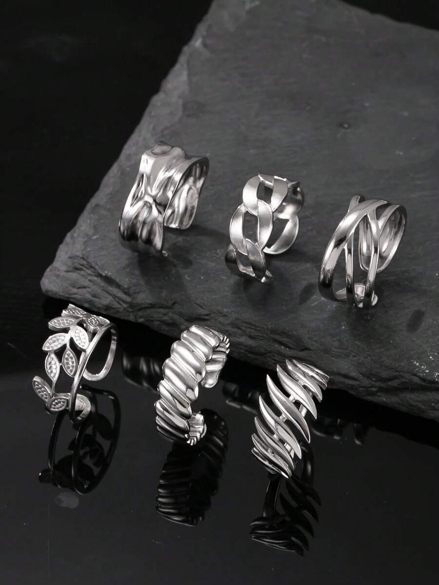 Men's 6pcs Stainless Steel Ring Set, Minimalist Niche Design Leaf Twist Textured Open Ring, Versatile Everyday Wear, Gift For Boyfriend - Silver - View 1