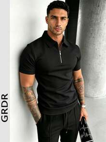 GRDR Men's Summer Half Zip Polo Shirt, Solid Color Classic Short Sleeve Suitable For Outdoor Casual Wear - Black - View 1