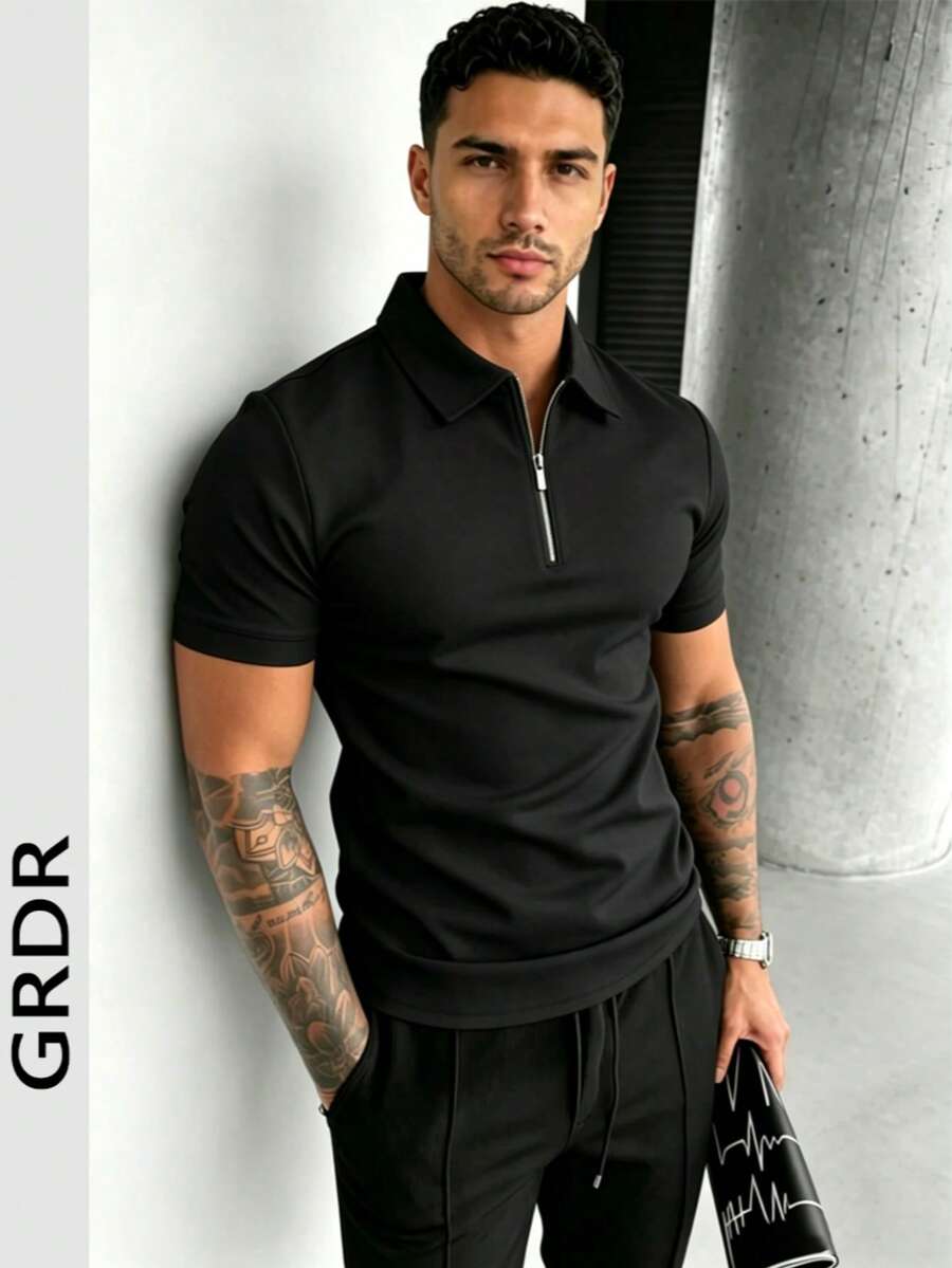GRDR Men's Summer Half Zip Polo Shirt, Solid Color Classic Short Sleeve Suitable For Outdoor Casual Wear - Black - View 1