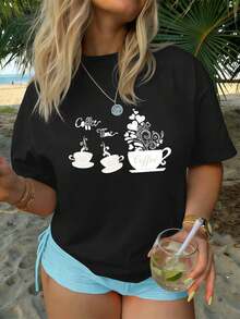 L?Ssiges T-Shirt With Kaffeetassen-Print Für Den Herbst, Hochwertiger Stoff, Rundhalsausschnitt, Lockere Passform, Bequem, Street-Hip-Hop-Stil - Black - View 1