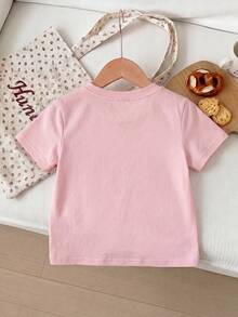 Blusa casual de verano para niñas con manga corta, estampado de conejo de dibujos animados, rayas de colores, estilo preppy lindo y sencillo - Rosa - Ver 2