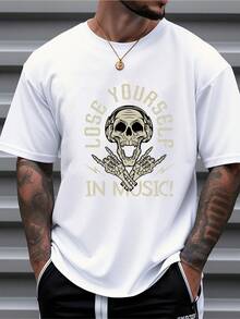 T-shirt graphique oversize en pur coton à manches courtes pour hommes, imprimé crâne, style streetwear décontracté, Lose Yourself In Music - Blanc - Voir 1